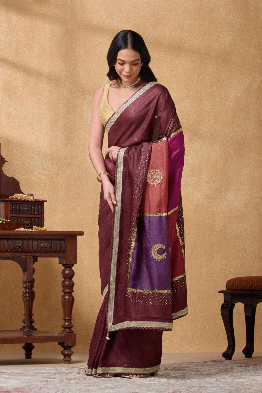 Dark Red Pure Tussar Silk Embroidered Saree image number null