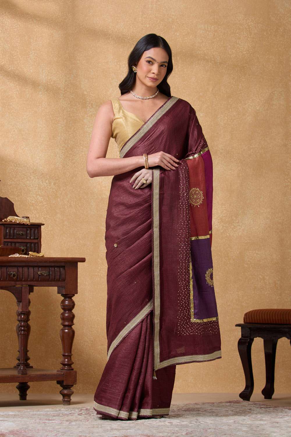 Dark Red Pure Tussar Silk Embroidered Saree image number null