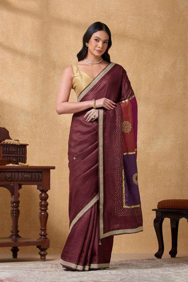 Dark Red Pure Tussar Silk Embroidered Saree thumbnail image number null