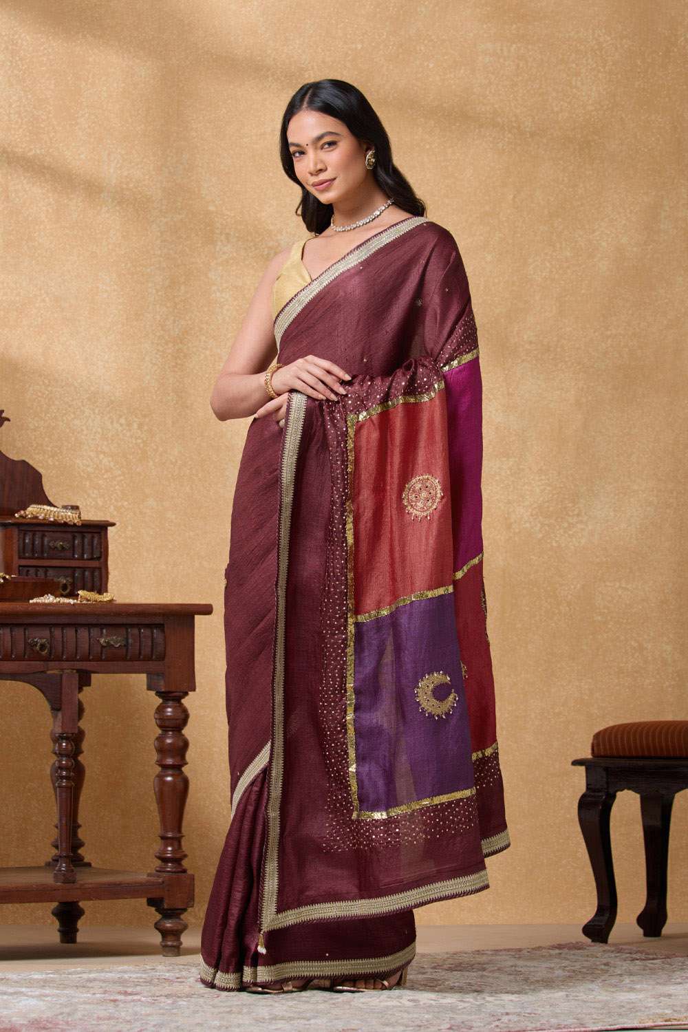 Dark Red Pure Tussar Silk Embroidered Saree image number null