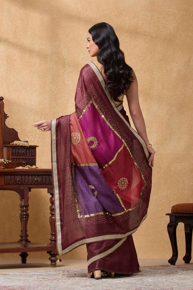 Dark Red Pure Tussar Silk Embroidered Saree thumbnail image number null