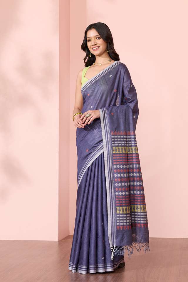 Dark Blue Bhagalpur Woven Pure Tussar Silk Saree thumbnail image number null