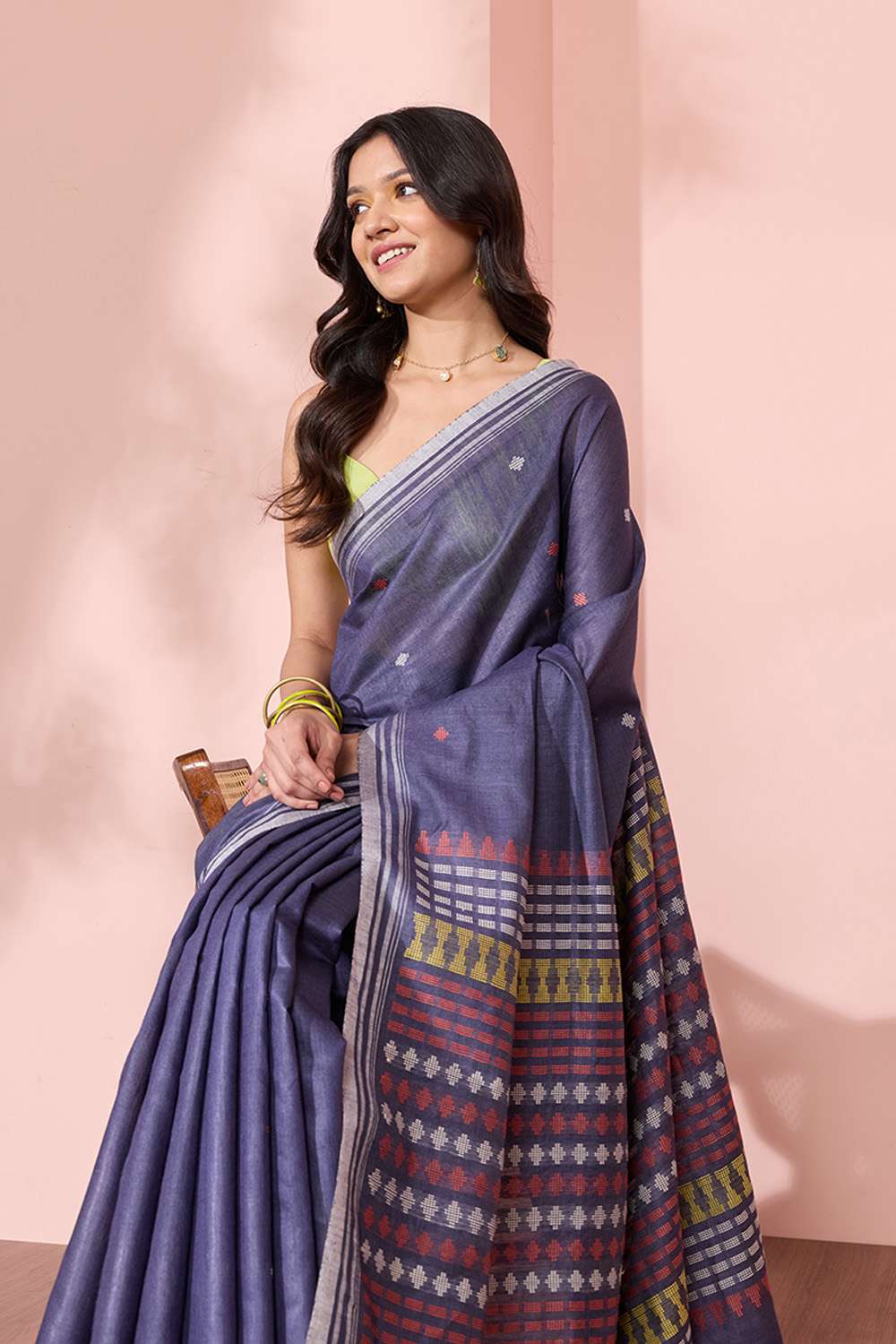 Dark Blue Bhagalpur Woven Pure Tussar Silk Saree image number null