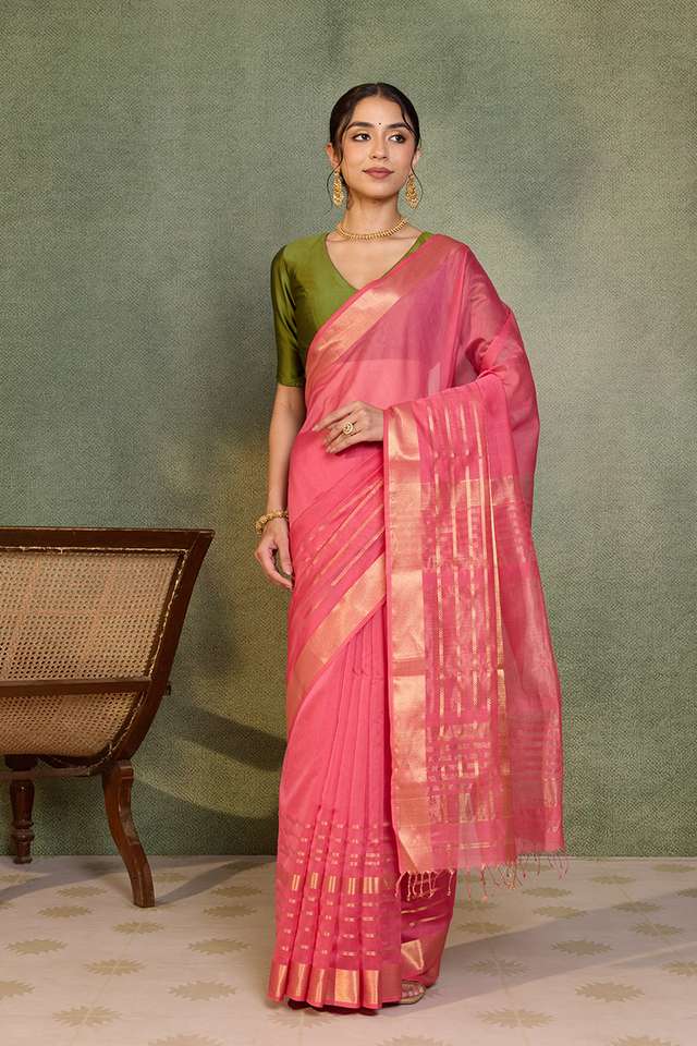 Pink Maheshwari Pure Silk Cotton Woven Saree thumbnail image number null