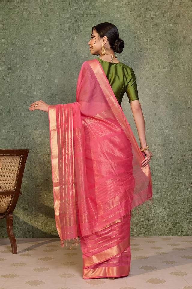 Pink Maheshwari Pure Silk Cotton Woven Saree thumbnail image number null