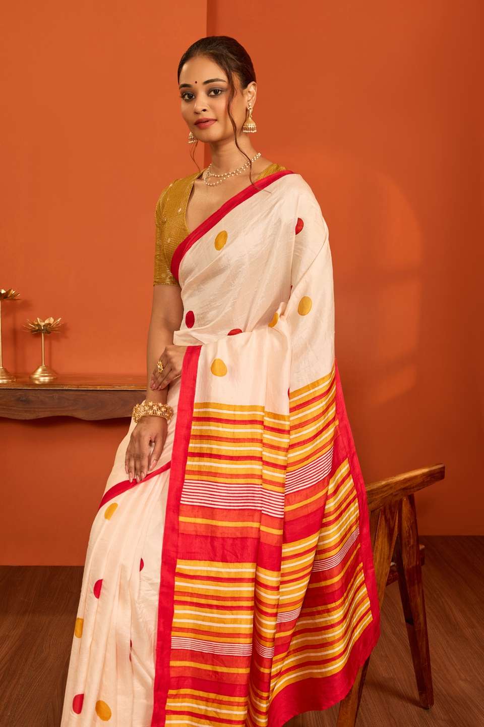 Off White Bengal Block Printed Pure Silk Saree