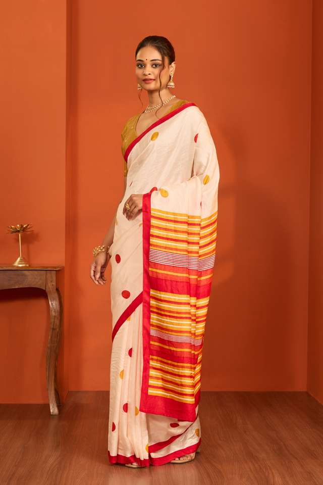 Off White Bengal Block Printed Pure Silk Saree thumbnail image number null