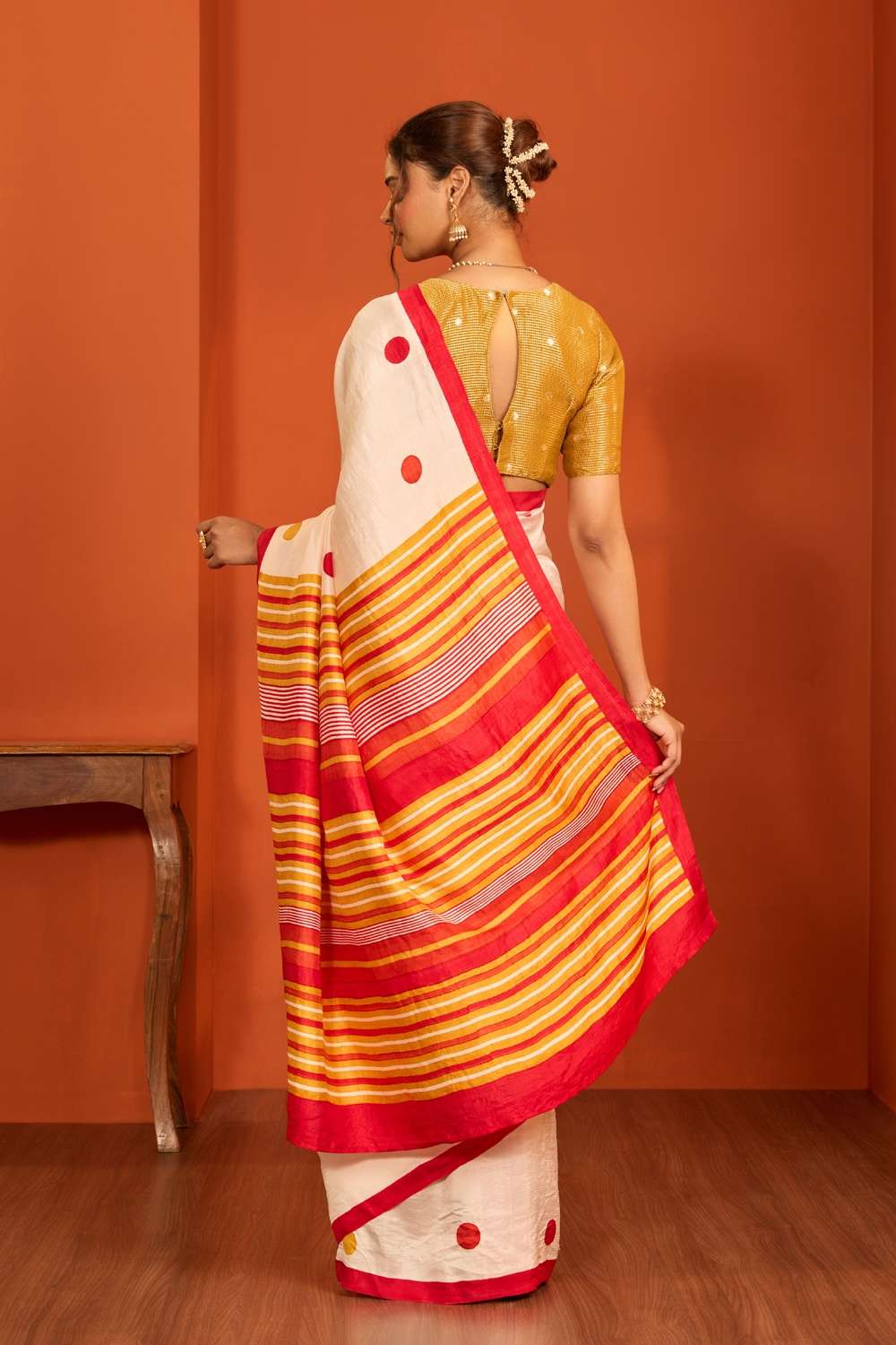 Off White Bengal Block Printed Pure Silk Saree image number null