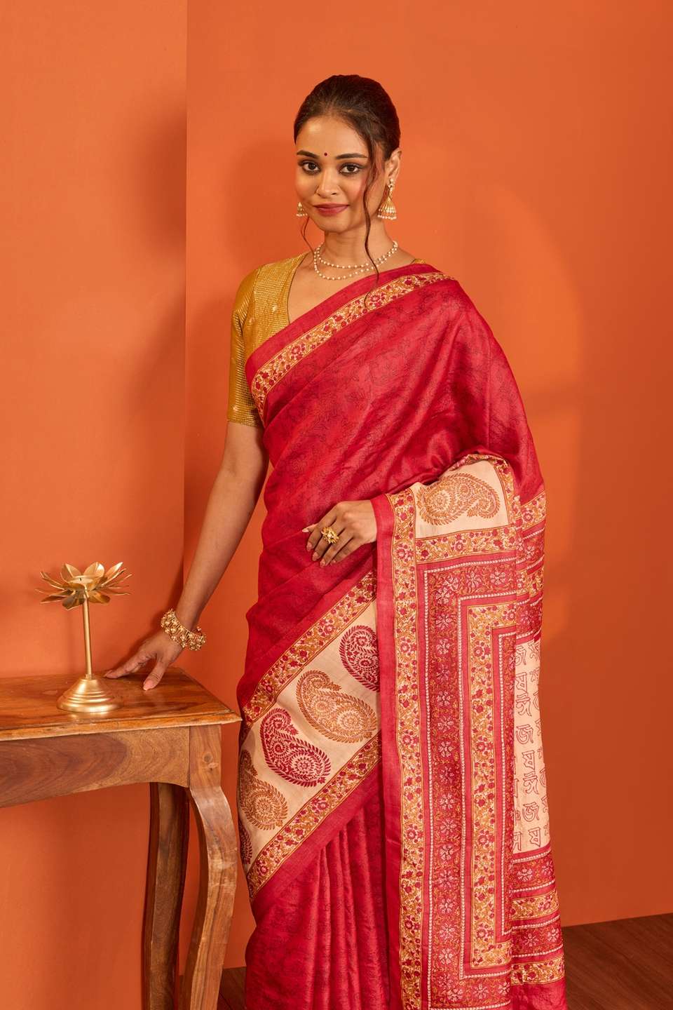 Red Pure Tussar Silk Block Printed Bengal Saree