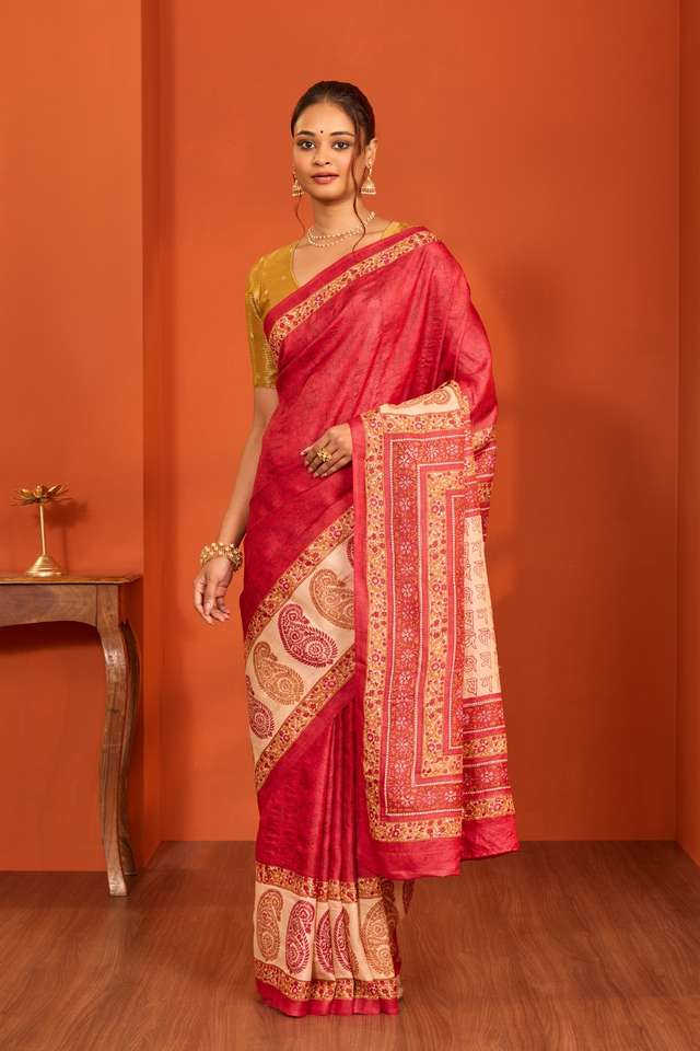 Red Pure Tussar Silk Block Printed Bengal Saree thumbnail image number null