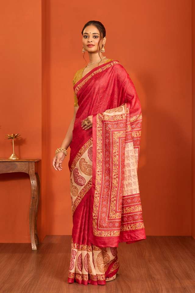 Red Pure Tussar Silk Block Printed Bengal Saree thumbnail image number null