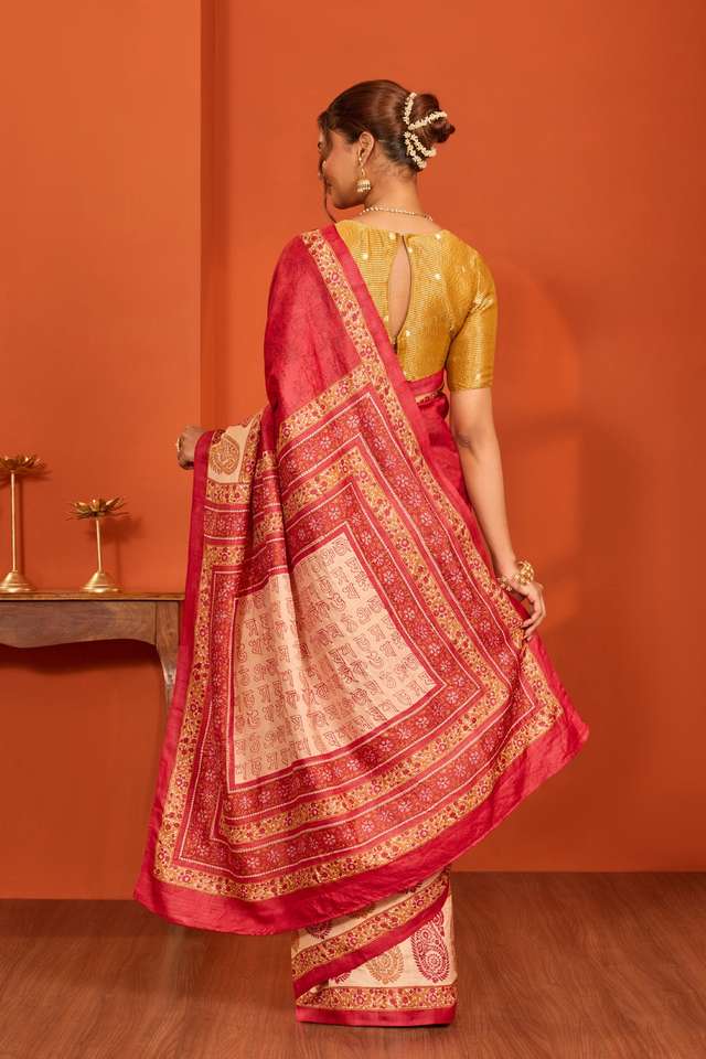 Red Pure Tussar Silk Block Printed Bengal Saree thumbnail image number null