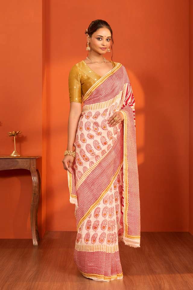 Off White Bengal Block Printed Pure Silk Saree thumbnail image number null