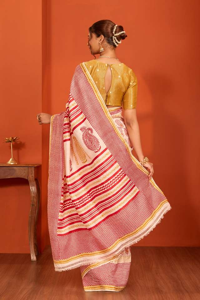 Off White Bengal Block Printed Pure Silk Saree thumbnail image number null