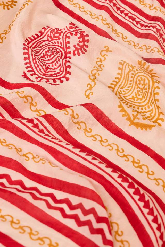 Off White Bengal Block Printed Pure Silk Saree thumbnail image number null
