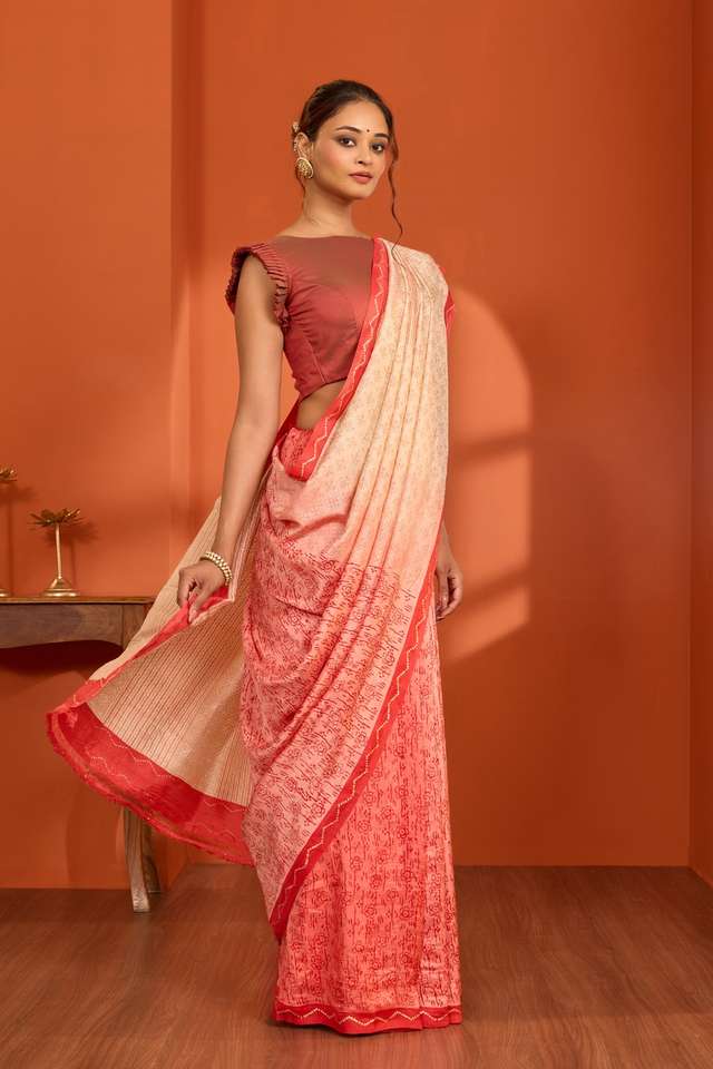Off White Bengal Block Printed Pure Silk Saree thumbnail image number null