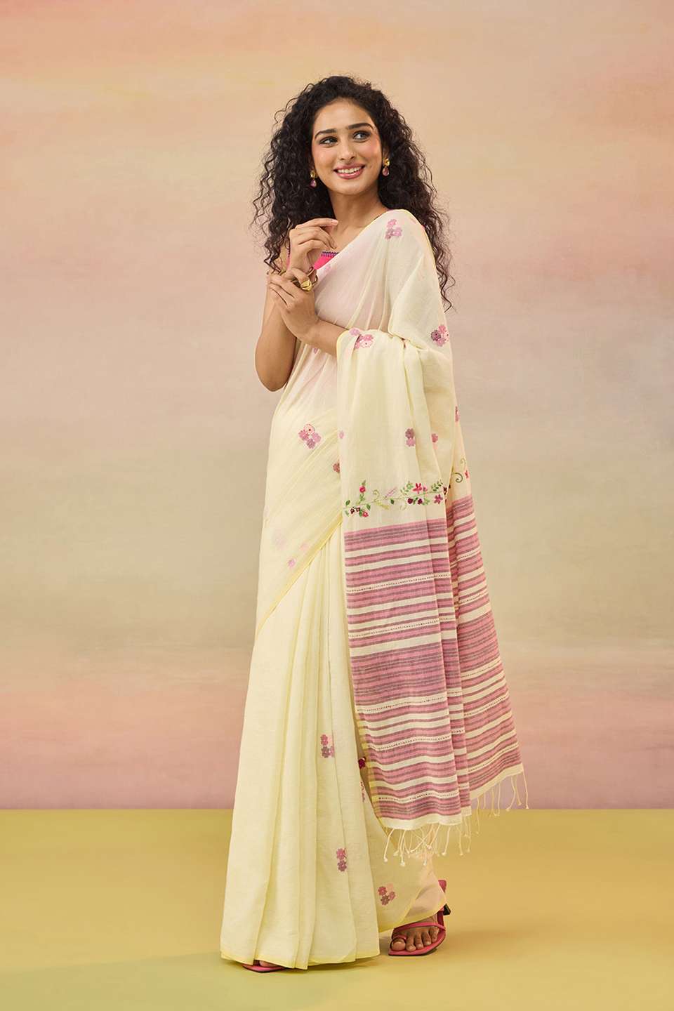 Light Yellow Bengal Pure Cotton Jamdani Saree