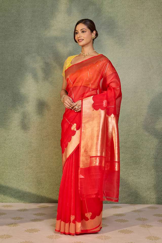 Red Pure Silk Organza Kadwa Banarasi Saree thumbnail image number null