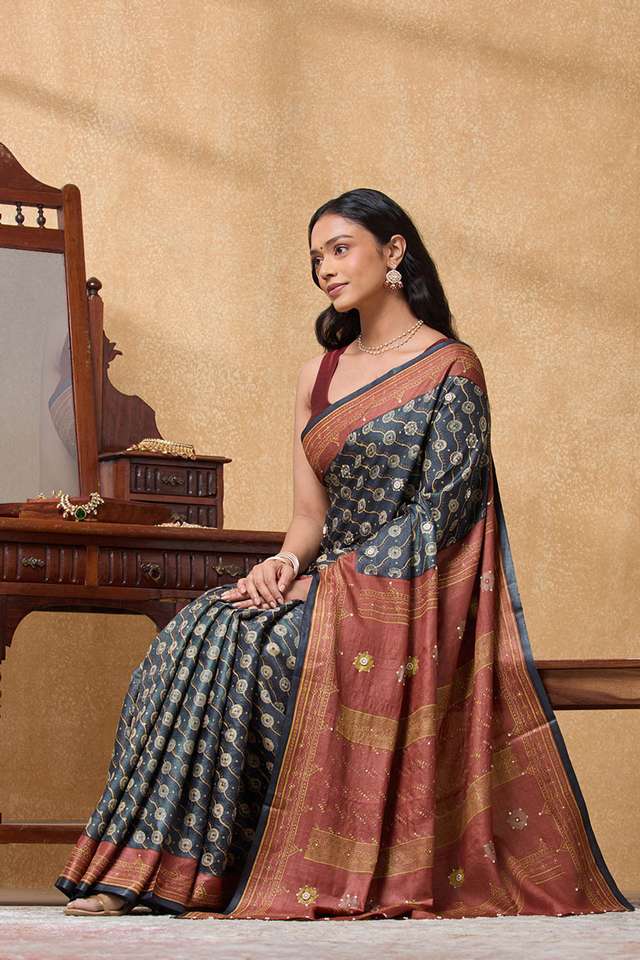 Grey Pure Tussar Silk Printed Embroidery Saree image number