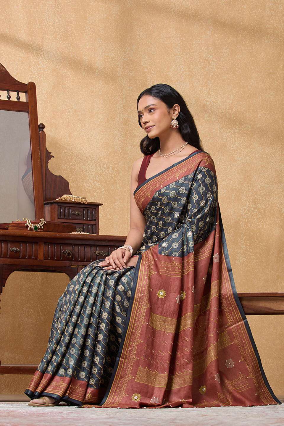Grey Pure Tussar Silk Printed Embroidery Saree