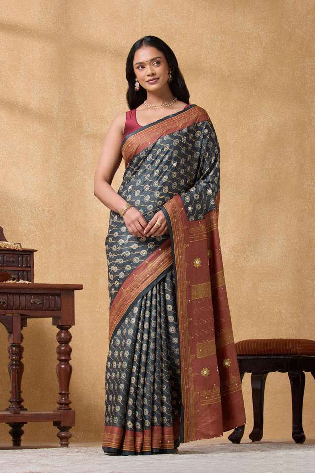 Grey Pure Tussar Silk Printed Embroidery Saree thumbnail image number null