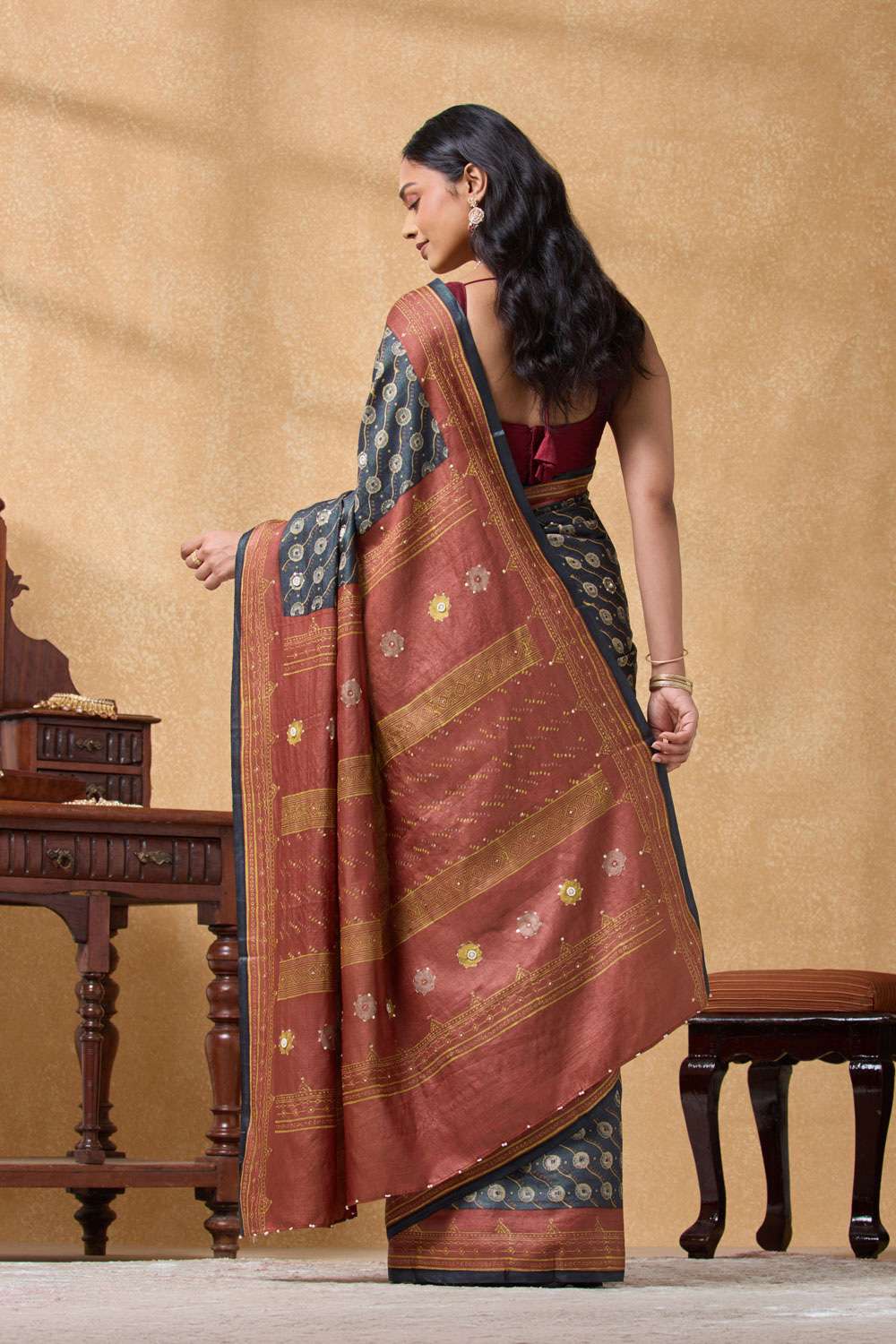 Grey Pure Tussar Silk Printed Embroidery Saree image number null