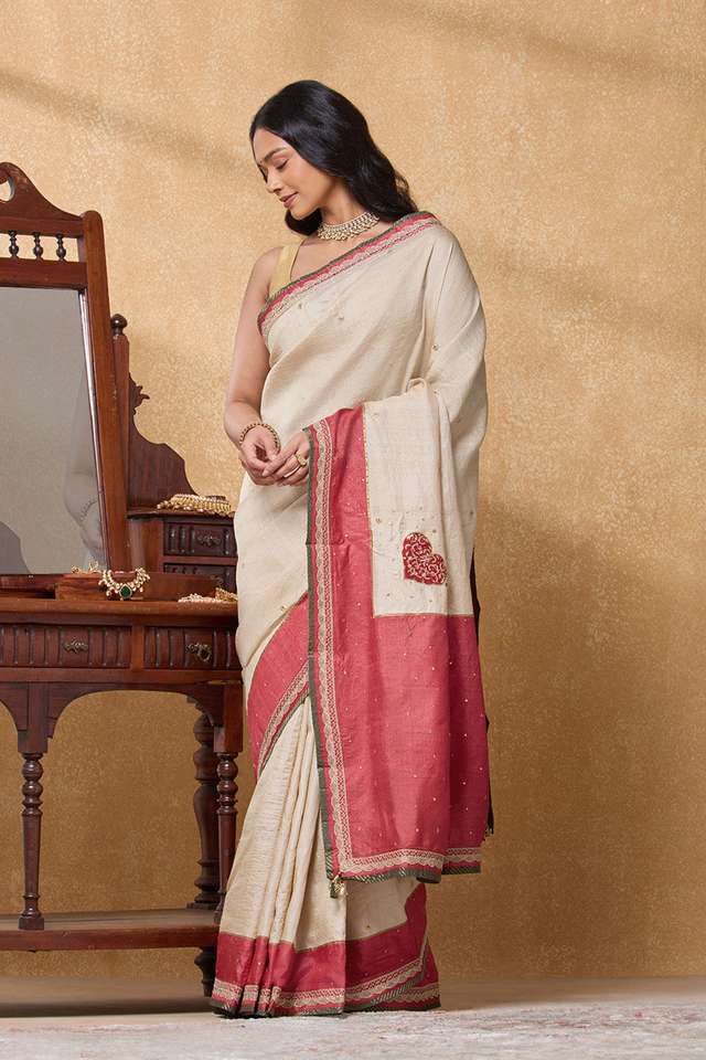 Beige Pure Tussar Silk Embroidered Saree image number