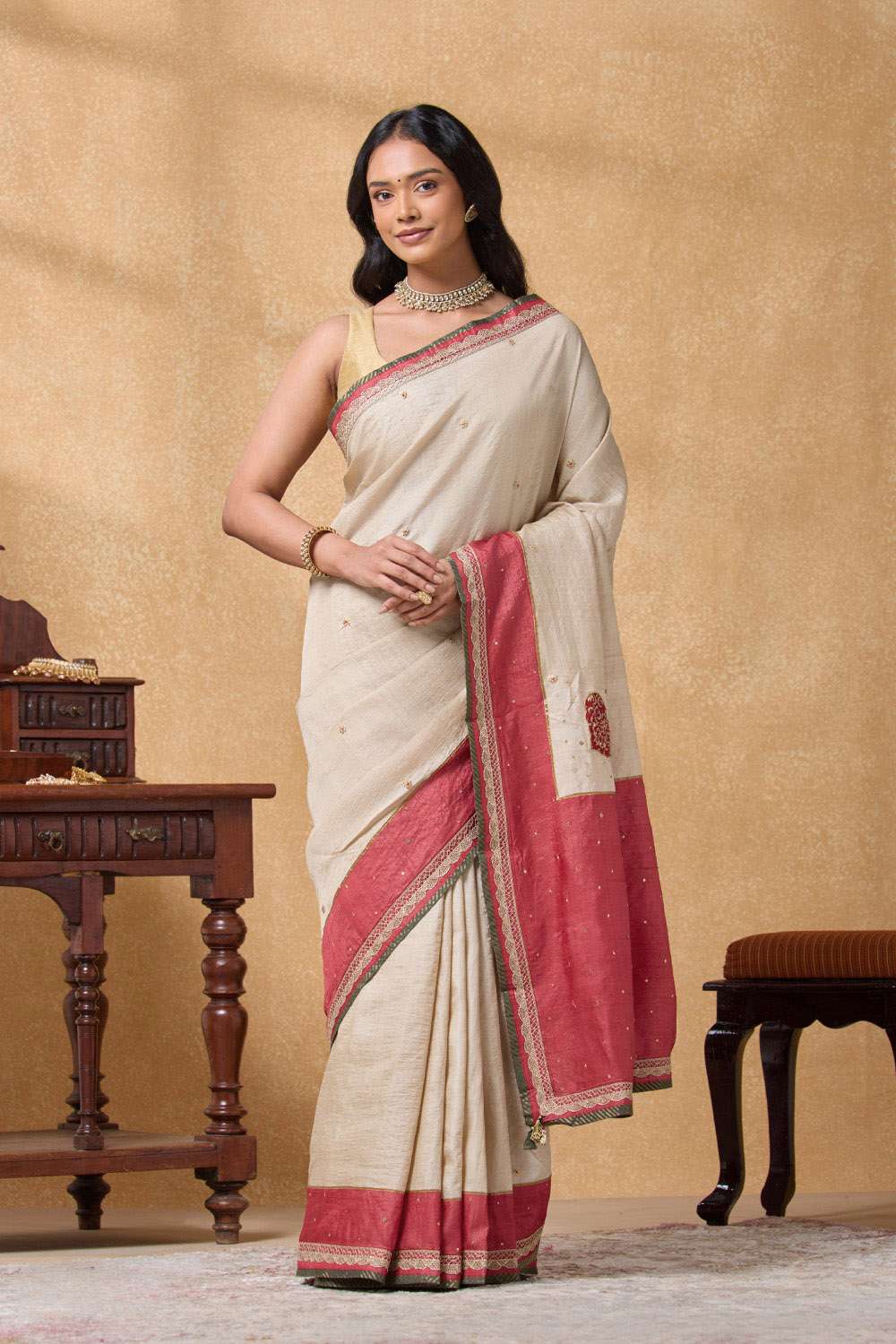 Beige Pure Tussar Silk Embroidered Saree image number null