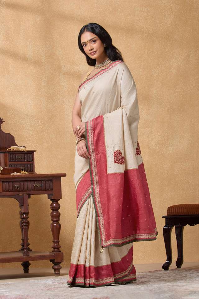 Beige Pure Tussar Silk Embroidered Saree thumbnail image number null