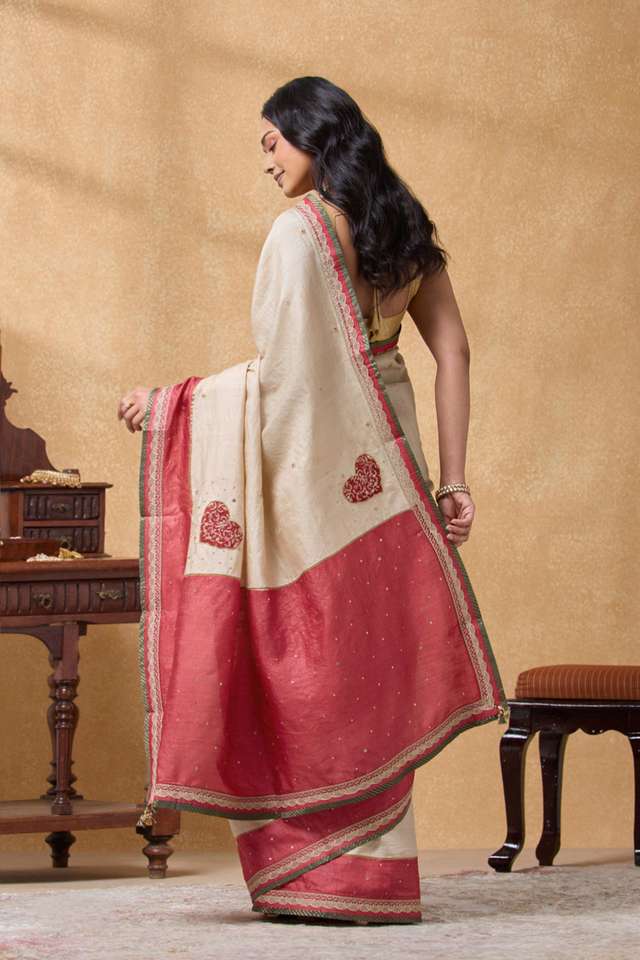 Beige Pure Tussar Silk Embroidered Saree thumbnail image number null
