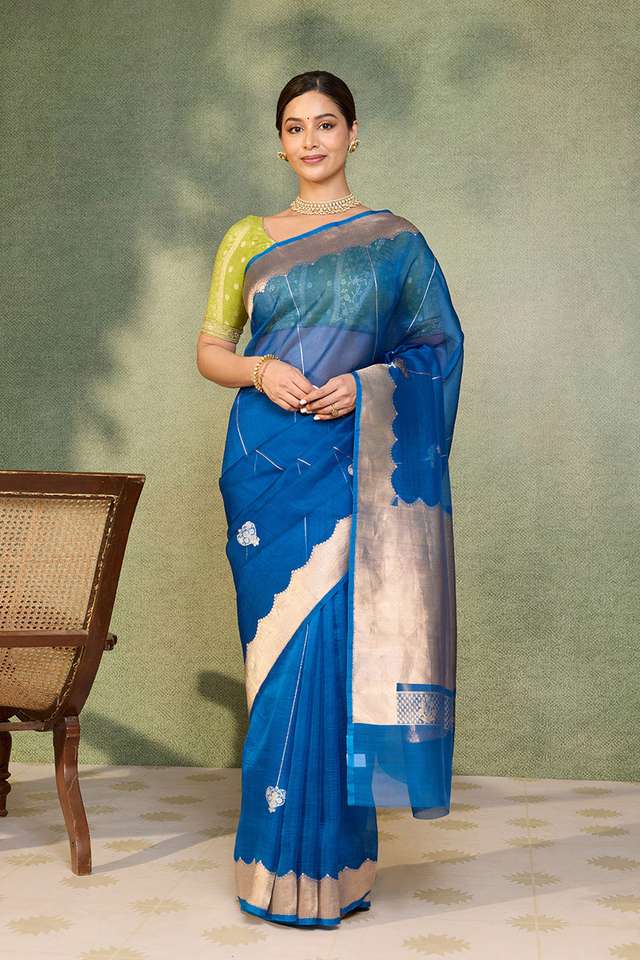 Blue Pure Silk Organza Kadwa Banarasi Saree thumbnail image number null