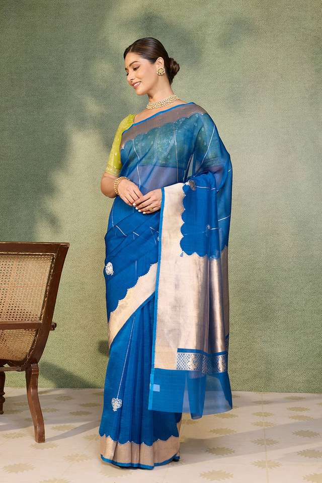 Blue Pure Silk Organza Kadwa Banarasi Saree thumbnail image number null