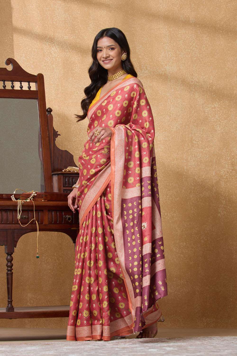 Light Red Pure Tussar Silk Printed Embroidery Saree image number null