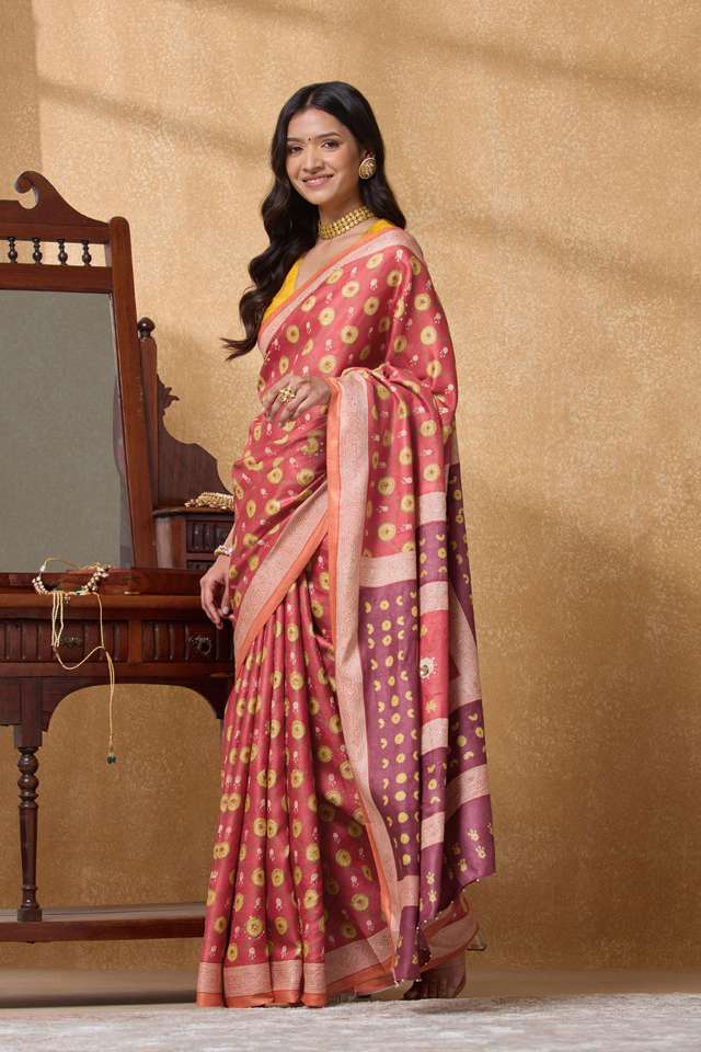 Light Red Pure Tussar Silk Printed Embroidery Saree image number