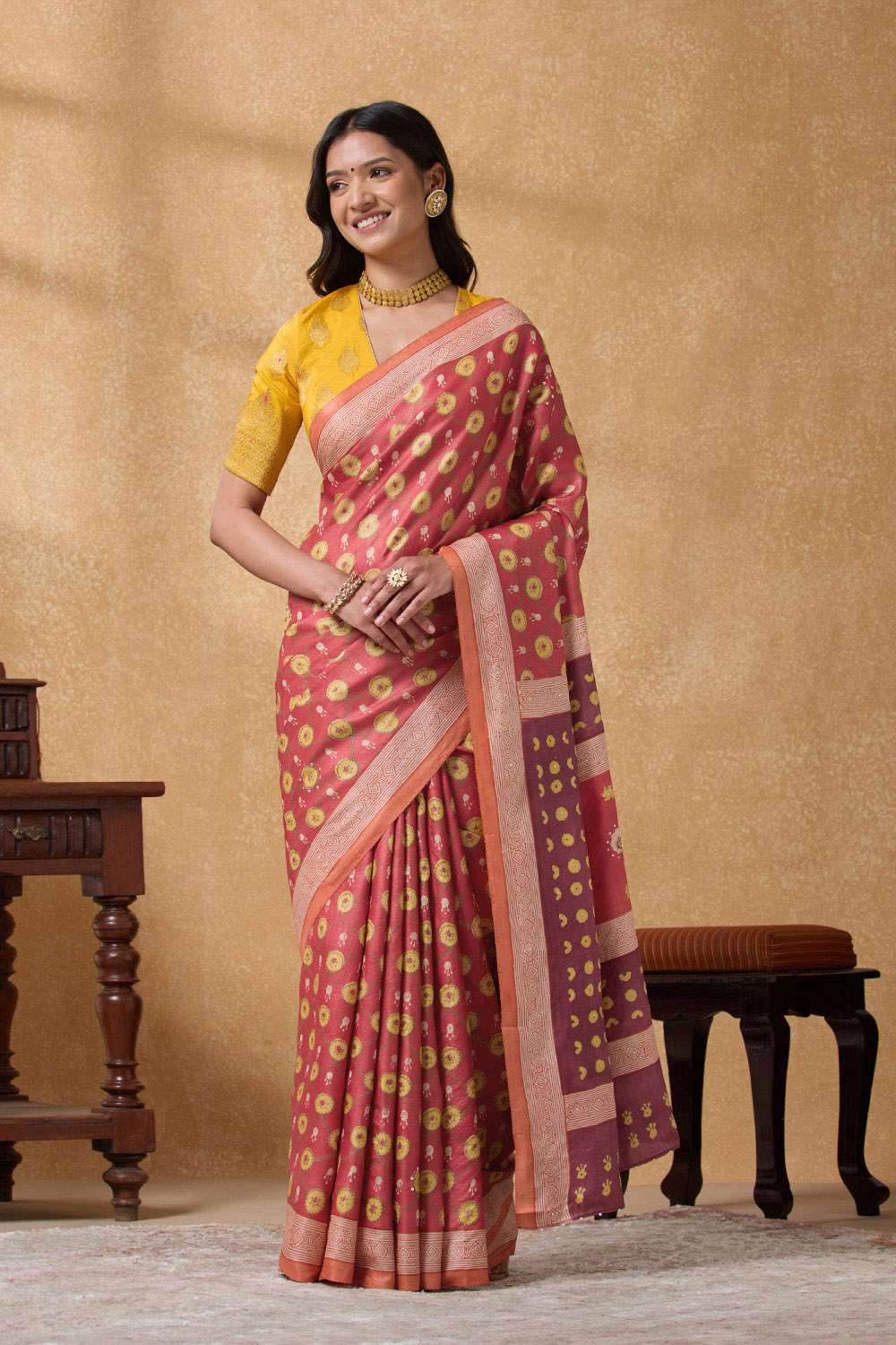 Light Red Pure Tussar Silk Printed Embroidery Saree image number null