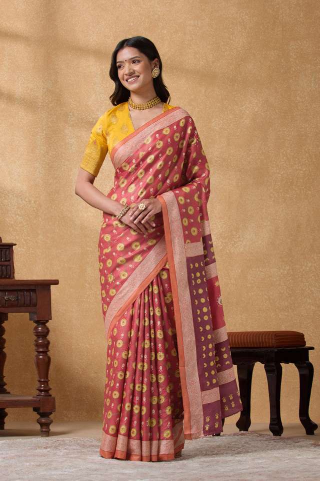 Light Red Pure Tussar Silk Printed Embroidery Saree thumbnail image number null