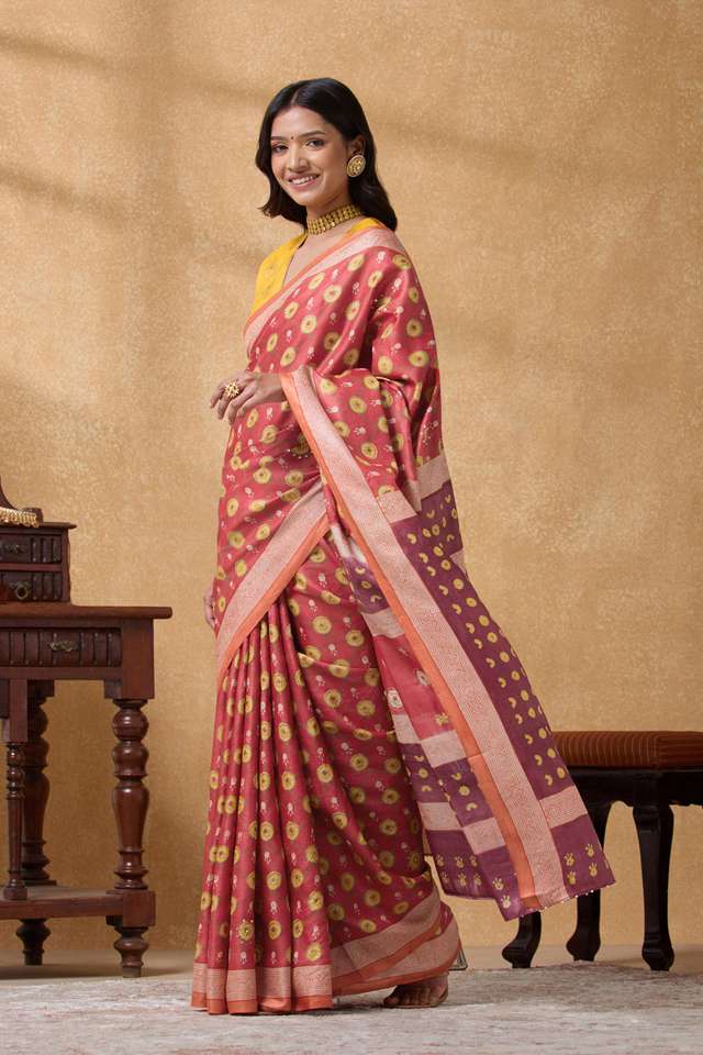 Light Red Pure Tussar Silk Printed Embroidery Saree thumbnail image number null