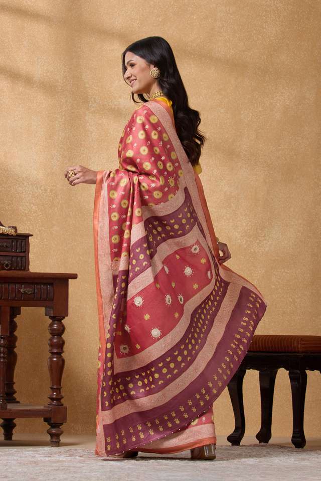 Light Red Pure Tussar Silk Printed Embroidery Saree thumbnail image number null