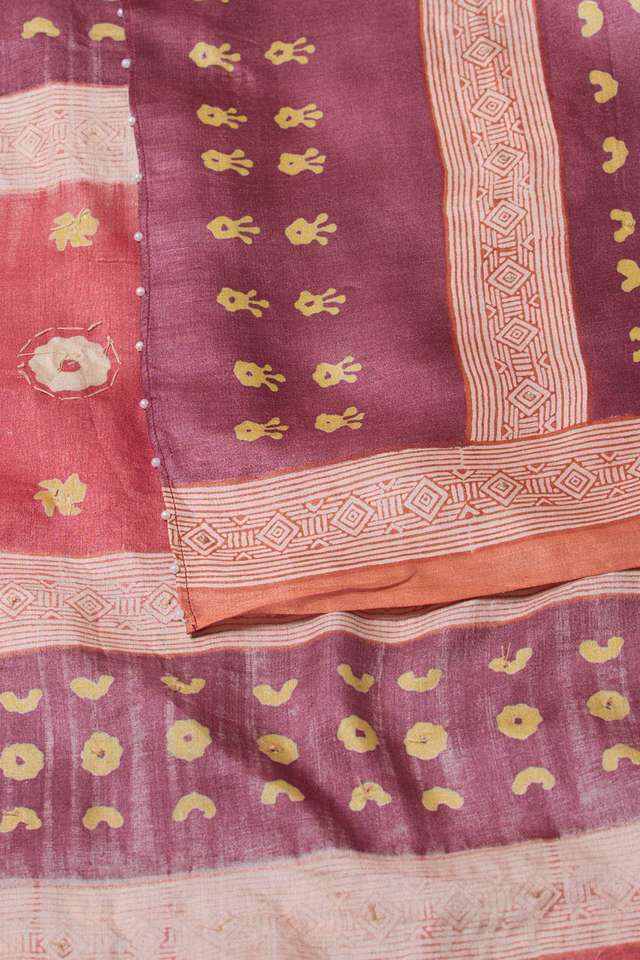 Light Red Pure Tussar Silk Printed Embroidery Saree thumbnail image number null