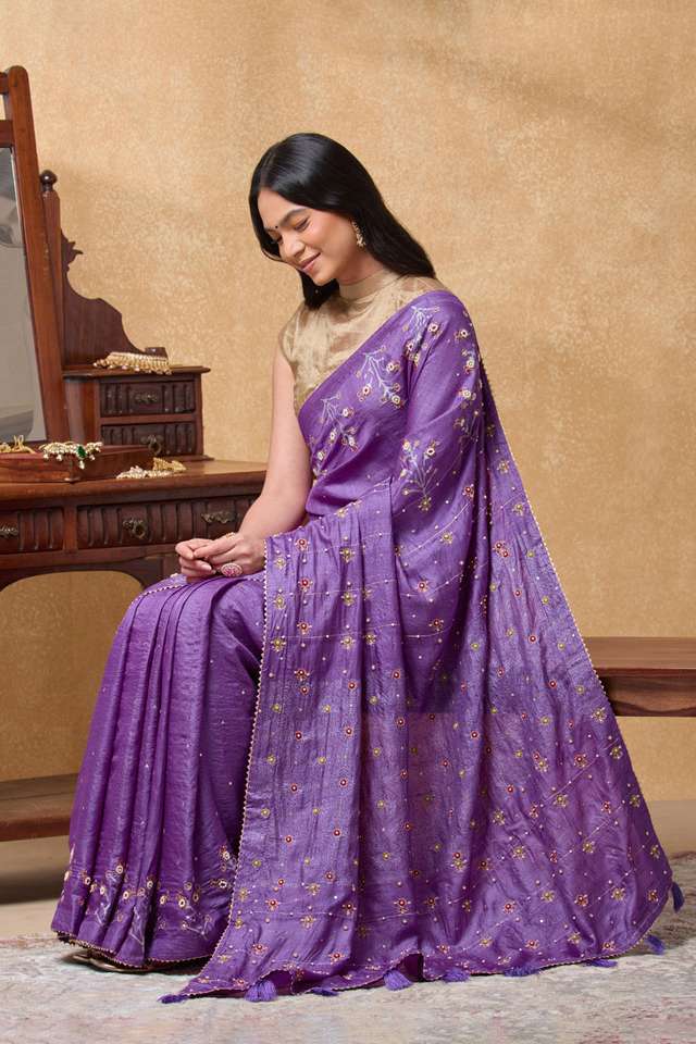 Violet Pure Tussar Silk Printed Embroidery Saree image number