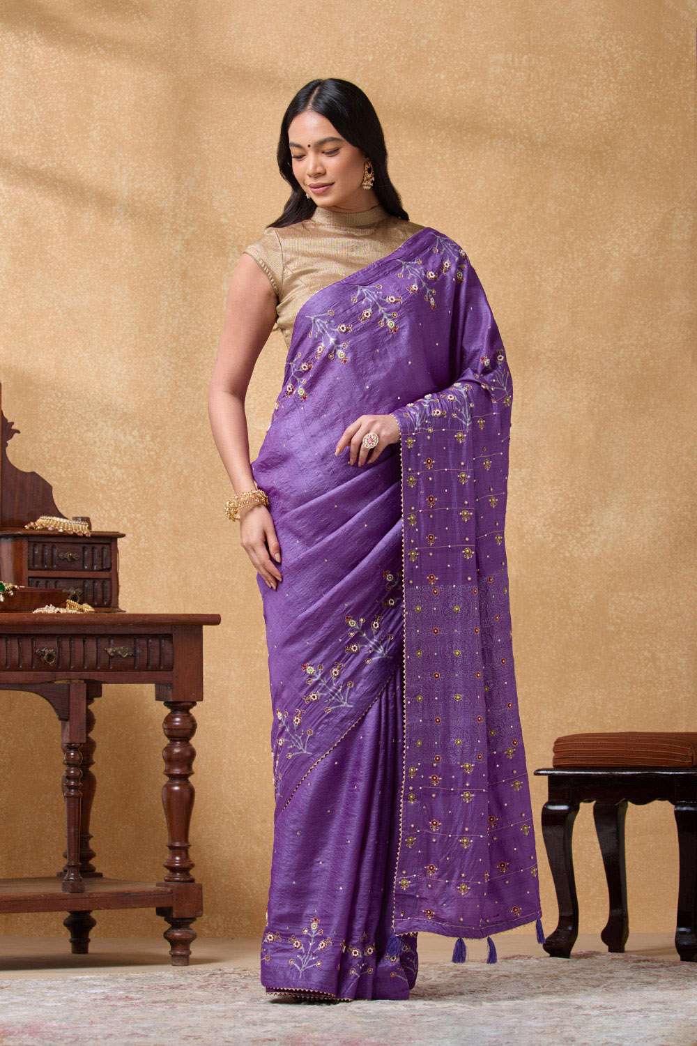 Violet Pure Tussar Silk Printed Embroidery Saree image number null
