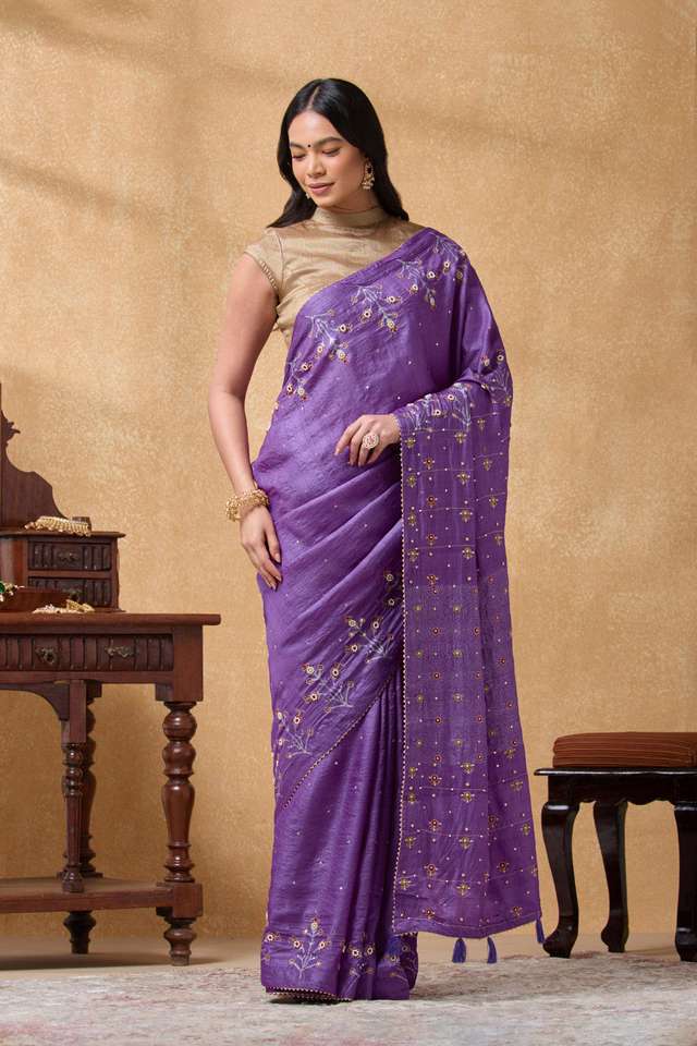 Violet Pure Tussar Silk Printed Embroidery Saree thumbnail image number null