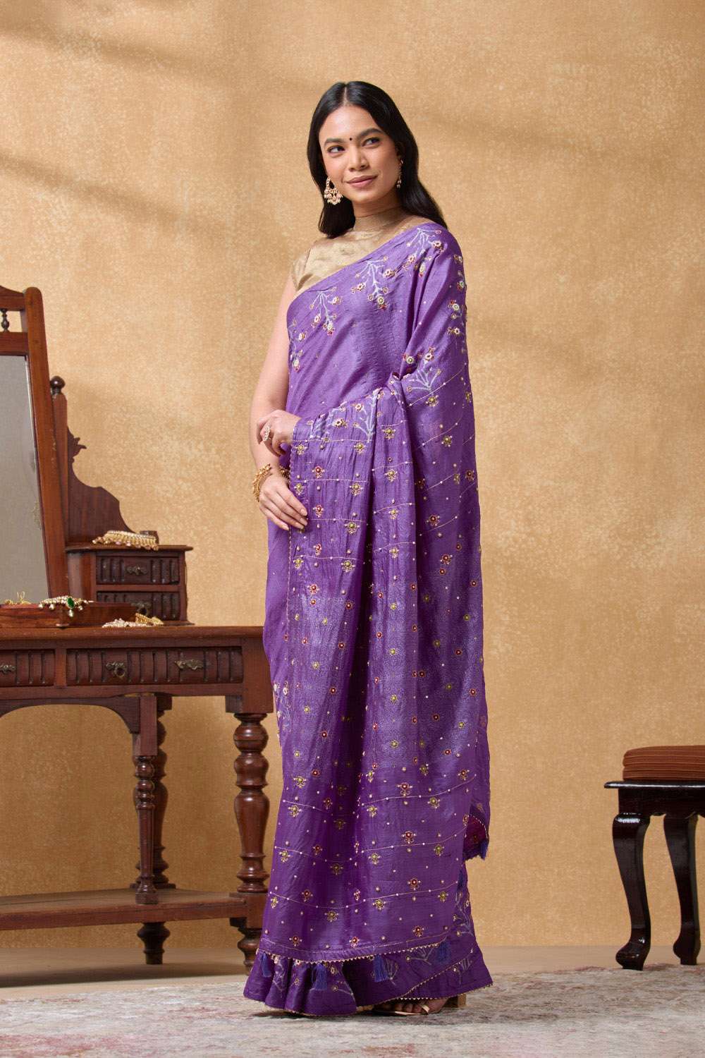 Violet Pure Tussar Silk Printed Embroidery Saree image number null