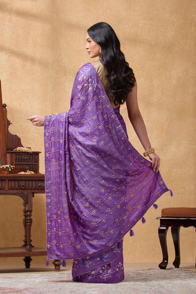 Violet Pure Tussar Silk Printed Embroidery Saree thumbnail image number null
