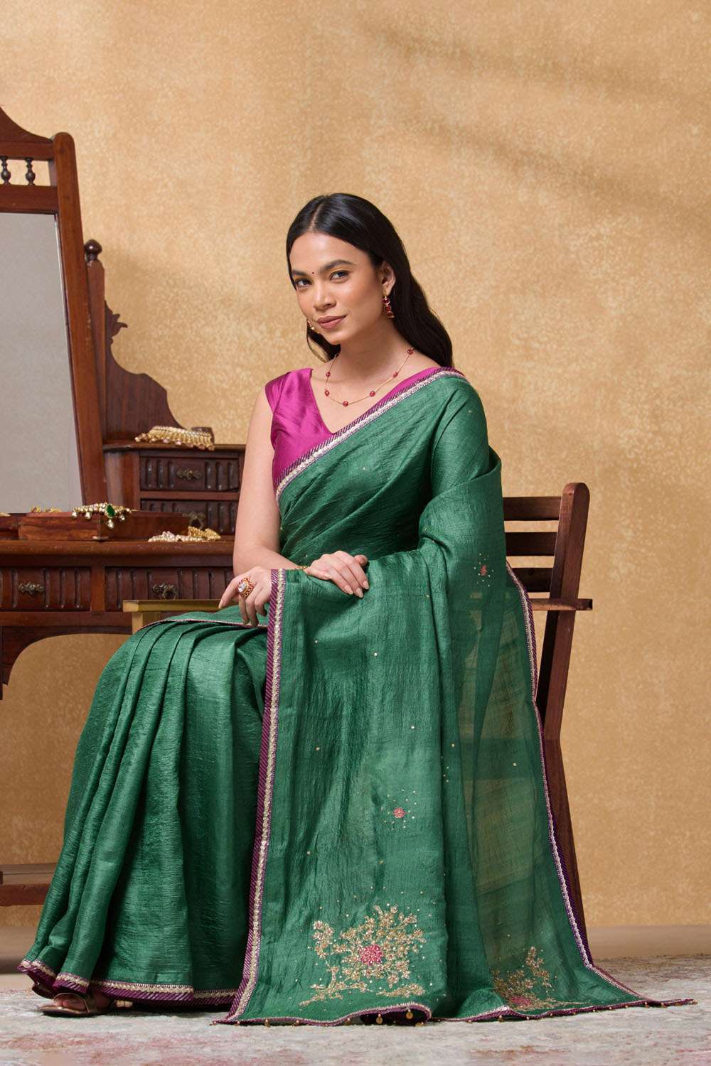 Green Pure Tussar Silk Embroidered Saree image number null