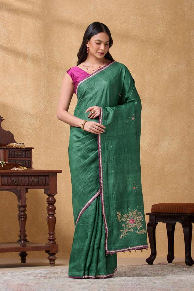 Green Pure Tussar Silk Embroidered Saree thumbnail image number null