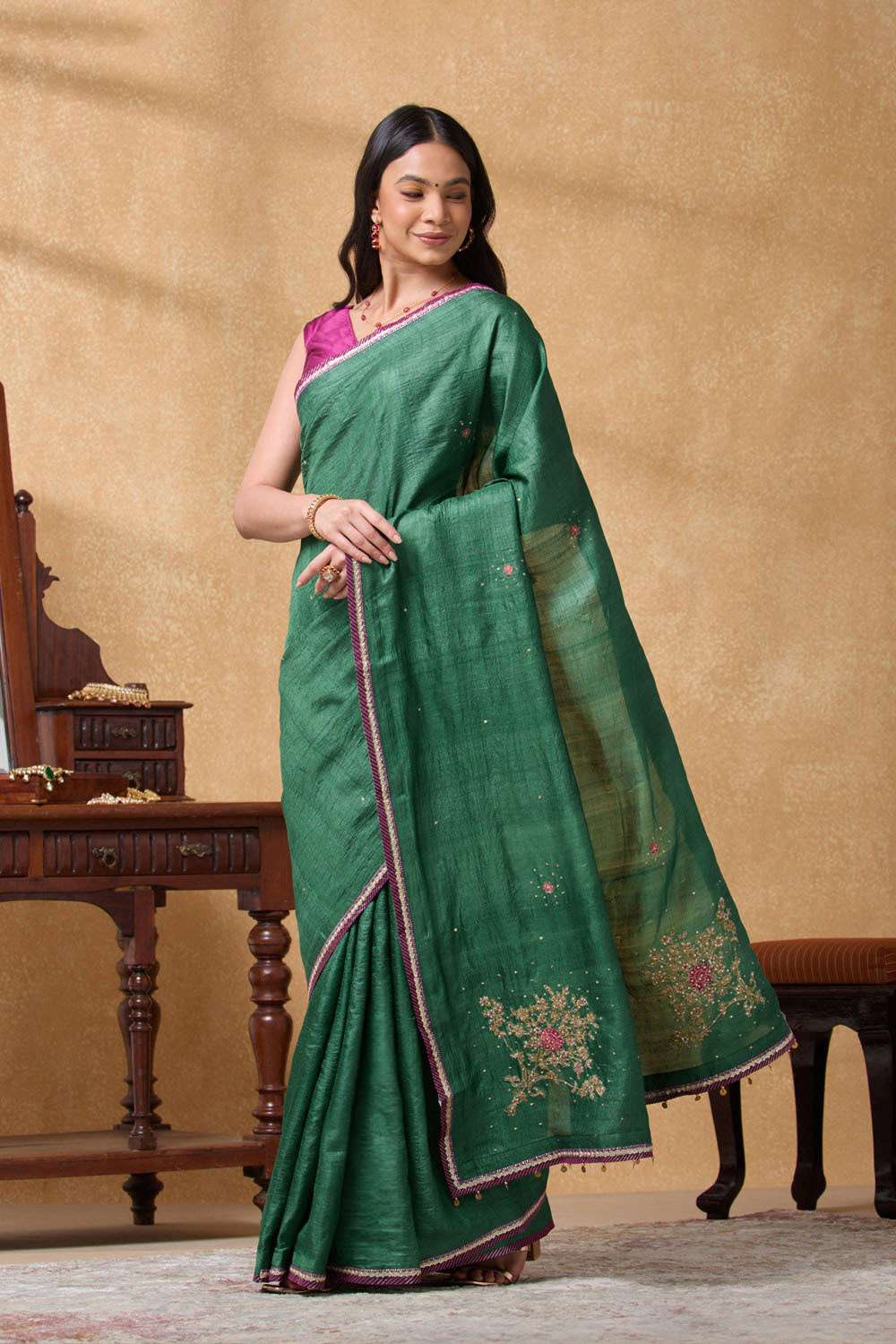 Green Pure Tussar Silk Embroidered Saree image number null