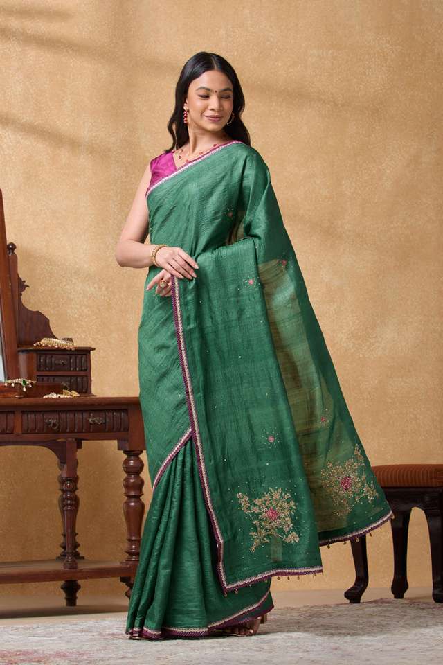 Green Pure Tussar Silk Embroidered Saree thumbnail image number null
