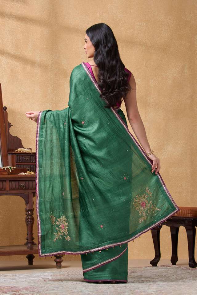 Green Pure Tussar Silk Embroidered Saree thumbnail image number null