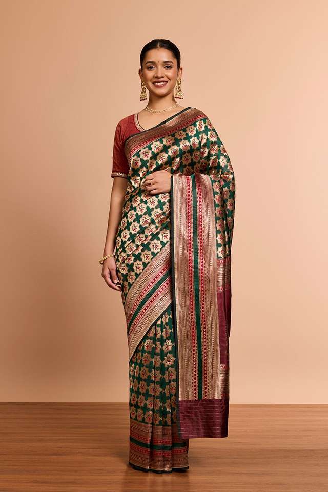 DarkGreen Pure Silk Brocade Banaras Saree image number